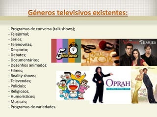 - Programas de conversa (talk shows);
- Telejornal;
- Séries;
- Telenovelas;
- Desporto;
- Debates;
- Documentários;
- Desenhos animados;
- Filmes;
- Reality shows;
- Televendas;
- Policiais;
- Religiosos;
- Humorísticos;
- Musicais;
- Programas de variedades.
 