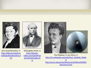 Jöns Jacob Berzelius, in   Willoughby Smith, in
http://alkimia.tripod.co      http://atlantic-
m/biografias/berzelius.h   cable.com/CablePion               Paul Nipkow e o seu disco, in
           tm               eers/Smith/index.ht   http://en.wikipedia.org/wiki/Paul_Gottlieb_Nipko
                                     m                                    w
                                                  http://users.skynet.be/telehor/oct%20mot%20%2
                                                                    0construct.htm
 