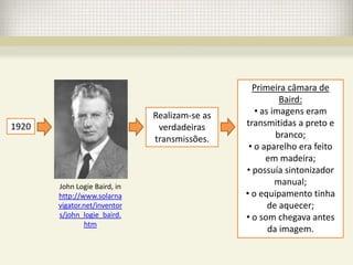Primeira câmara de
                                                         Baird:
                              Realizam-se as      • as imagens eram
1920                           verdadeiras     transmitidas a preto e
                              transmissões.             branco;
                                                • o aparelho era feito
                                                     em madeira;
                                               • possuía sintonizador
       John Logie Baird, in
                                                        manual;
       http://www.solarna                      • o equipamento tinha
       vigator.net/inventor                           de aquecer;
       s/john_logie_baird.                     • o som chegava antes
               htm
                                                      da imagem.
 