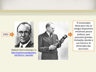 O iconoscópio
                                       deixa para trás os
                                     antigos dispositivos
                                       mecânicos pouco
1923                                     práticos, que
                                      possuíam grandes
                                     limitações devido à
                                        sua inércia e às
                                        dimensões dos
       Vladymir Kosma Zworykin, in        seus furos.
       http://myhero.com/go/hero.
           asp?hero=v_zworykin
 
