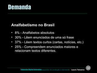 .  Demanda Analfabetismo no Brasil 8% - Analfabetos absolutos 30% - Lêem enunciados de uma só frase 37% - Lêem textos curtos (cartas, notícias, etc.) 25% - Compreendem enunciados maiores e relacionam textos diferentes. IBGE, 2003 