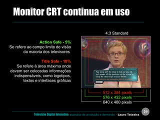 .  Monitor CRT continua em uso Action Safe - 5% Se refere ao campo limite de visão da maioria dos televisores   Title Safe - 10% Se refere à área máxima onde devem ser colocadas informações indispensáveis, como logotipos, textos e interfaces gráficas 512 x 384 pixels 576 x 432 pixels 640 x 480 pixels 4:3 Standard 