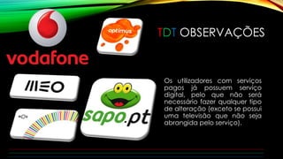 TDT OBSERVAÇÕES 
Os utilizadores com serviços 
pagos já possuem serviço 
digital, pelo que não será 
necessário fazer qualquer tipo 
de alteração (exceto se possui 
uma televisão que não seja 
abrangida pelo serviço). 
 