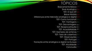 TÓPICOS 
Basicamente Básico 
Sinal Analógico 
TDT- O que é? 
Breve História 
Diferenças entre televisão analógica e digital 
TDT- Como funciona? 
TDT- Vantagens 
TDT- Desvantagens 
TDT- Reaproveitação 
TDT- Acessibilidade 
TDT- Exemplos de antenas 
TDT- Taxa de cobertura 
TDT- Observações 
TDT- Portugal 
Transição entre analógico e digital na Europa 
TDT- Atualidade 
Conclusão 
← 
← 
← 
← 
← 
← 
← 
← 
← 
← 
← 
← 
← 
← 
← 
← 
← 
 