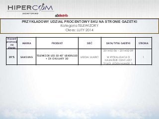 PRZYKŁADOWY UDZIAŁ PROCENTOWY SKU NA STRONIE GAZETKI
Kategoria TELEWIZORY
Okres: LUTY 2014
Procent
promocji
na
stronie

MARKA

PRODUKT

SIEĆ

DATA/TYTUŁ GAZETKI

STRONA

2014-02-06 – 2014-02-09
39 %

SAMSUNG

TELEWIZOR LED 3D 40" UE40F6320
+ 2X OKULARY 3D

MEDIA MARKT

W RYWALIZACJI O
NAJNIŻSZE CENY JEST
TYLKO JEDEN NUMER 1!

1

 