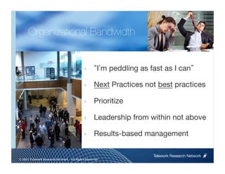 Organizational Bandwidth


                                            ‣        I m peddling as fast as I can 

                                            ‣      Next Practices not best practices

                                            ‣      Prioritize

                                            ‣      Leadership from within not above

                                            ‣      Results-based management

                                                                      Telework Research Network
                                                     
© 2011 Telework Research Network – All Rights Reserved
 