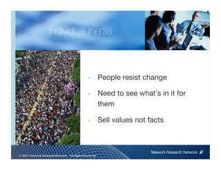Individual Inertia



                                                ‣        People resist change

                                                ‣        Need to see what s in it for
                                                         them

                                                ‣        Sell values not facts



                                                                          Telework Research Network
                                                     
© 2011 Telework Research Network – All Rights Reserved
 