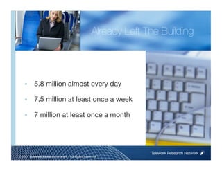 Already Left The Building



   •      5.8 million almost every day

   •      7.5 million at least once a week

   •      7 million at least once a month




                                                                Telework Research Network
                                                     
© 2011 Telework Research Network – All Rights Reserved
 