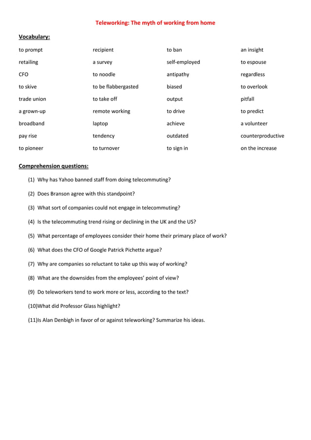 Teleworking text comprehension questions pdf free download