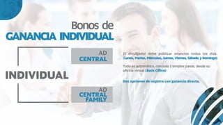 Bonos de
GANANCIA INDIVIDUAL
INDIVIDUAL
AD
CENTRAL
AD
CENTRAL
FAMILY
El divulgador debe publicar anuncios todos los dias.
(Lunes, Martes, Miércoles, Jueves, Viernes, Sábado y Domingo)
Tudo es automático, con solo 3 simples pasos, desde su
oﬁcina virtual (Back Oﬃce)
Dos opciones de registro con ganancia directa.
 
