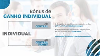 Bônus de
GANHO INDIVIDUAL
INDIVIDUAL
AD
CENTRAL
AD
CENTRAL
FAMILY
O divulgador deve publicar anúncios todos os dias.
( 2ª, 3ª, 4ª, 5ª, 6ª, Sábado e Domingo)
Tudo automatizado, com apenas 3 Simples passos,
em seu escritório vitual (Back Oﬃce)
Duas opções de cadastro com direto aos ganhos.
 