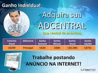 Ganho Individual
                            Adquira sua
                         ADCENTRAL
                            (sua central de anúncios)
  Contrato   ADCentral    Ganho    Ganho    Ganho       Ganho
   Anual                 Semanal   Mensal   Anual       Líquido
  U$299      Principal    U$20     U$80     U$1.040     U$741


                 Trabalhe postando
               ANÚNCIO NA INTERNET!
 
