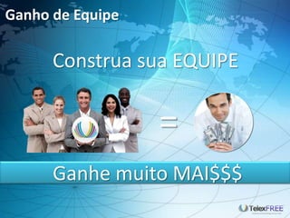 Ganho de Equipe

      Construa sua EQUIPE


                  =
      Ganhe muito MAI$$$
 