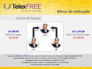 Bônus de Indicação
            Ganho de Equipe


  U$ 299.00                                                                       U$ 1,375.00
AdCentral paga:                                                               AdCentral Family paga:
   U$ 20.00                                                                        U$ 100.00




 Receba de U$20.00 a U$100.00 pelo cadastro direto de cada novo divulgador, nesse exemplo U$40.00 !
        Para ter direito a receber os ciclos, no binário e residual até o 6º nível (pelos anúncios),
                         o divulgador deve estar qualificado, da seguinte forma:
                    2 divulgadores diretos, sendo 1 na esquerda (A) e 1 na direita (B)
                                + Uma conta de uso pessoal no seu login.
 