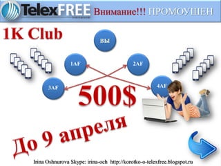 Внимание!!! ПРОМОУШЕН
ВЫ
1AF 2AF
3AF 4AF
Irina Oshnurova Skype: irina-och http://korotko-o-telexfree.blogspot.ru
 