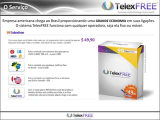 Empresa americana chega ao Brasil proporcionando uma GRANDE ECONOMIA em suas ligações.
O sistema TelexFREE funciona com qualquer operadora, seja ela fixa ou móvel.
Exclusivoparapessoafísica
O Serviço
$ 49,90
 