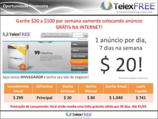 Oportunidade Financeira
Investimento
Anual
ADCentral Ganho
Semanal
Ganho
Mensal
Ganho Anual Lucro
Líquido
$ 299 Principal $ 20 $ 80 $ 1.040 $ 741
Promoção de Lançamento: Você ainda recebe uma linha gratuita válida por 30 dias. Até 31/03
Seja nosso DIVULGADOR e tenha seu site de negócio!
Ganhe $20 a $100 por semana somente colocando anúncio
GRÁTIS NA INTERNET!
1 anúncio por dia,
7 dias na semana
$ 20!Sexta feira pode 3 anúncios
 