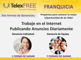 Prepárese para conocer la mejor
¡Oportunidad de Su Vida!
Trabaje en el Internet
Publicando Anuncios Diariamente
Ganancia Individual Ganancia de Equipo
1 FORMA DE GANAR 7 FORMAS DE GANAR
 