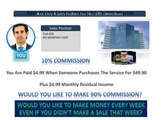 Sales Position
Cost $50
NO MONTHLY COST
With Only A Sales Position You Earn 10% Commission
Earn Weekly Income Posting Ads On The Internet
You Are Paid $4.99 When Someone Purchases The Service For $49.90
Plus $4.99 Monthly Residual Income
YOU
 