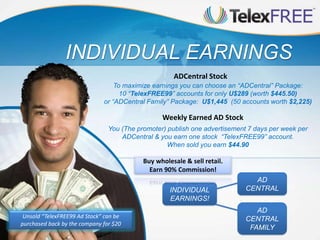 INDIVIDUAL EARNINGS
You (The promoter) publish one advertisement 7 days per week per
ADCentral & you earn one stock “TelexFREE99” account.
When sold you earn $44.90
To maximize earnings you can choose an “ADCentral” Package:
10 “TelexFREE99” accounts for only U$289 (worth $445.50)
or “ADCentral Family” Package: U$1,445 (50 accounts worth $2,225)
AD
CENTRAL
FAMILY
AD
CENTRAL
INDIVIDUAL
EARNINGS!
Buy wholesale & sell retail.
Earn 90% Commission!
Unsold “TelexFREE99 Ad Stock” can be
purchased back by the company for $20
ADCentral Stock
Weekly Earned AD Stock
 