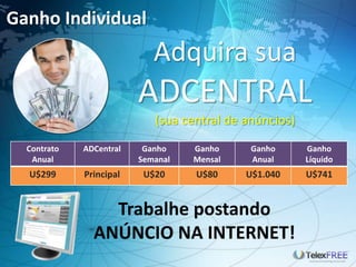Ganho Individual
                            Adquira sua
                         ADCENTRAL
                            (sua central de anúncios)
  Contrato   ADCentral    Ganho    Ganho     Ganho      Ganho
   Anual                 Semanal   Mensal    Anual      Líquido
  U$299      Principal    U$20     U$80     U$1.040     U$741


                 Trabalhe postando
               ANÚNCIO NA INTERNET!
 