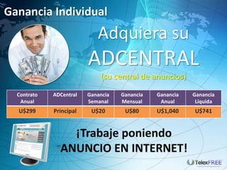 Ganancia Individual
                            Adquiera su
                         ADCENTRAL
                             (su central de anuncios)
  Contrato   ADCentral   Ganancia   Ganancia   Ganancia   Ganancia
   Anual                 Semanal    Mensual     Anual      Líquida
  U$299      Principal    U$20       U$80      U$1,040    U$741


                 ¡Trabaje poniendo
               ANUNCIO EN INTERNET!
 