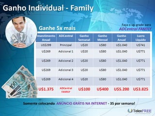 Ganho Individual - Family
ADCentral FAMILY
Somente colocando ANÚNCIO GRÁTIS NA INTERNET - 35 por semana!
Ganhe 5x mais
Faça o up-grade para
 