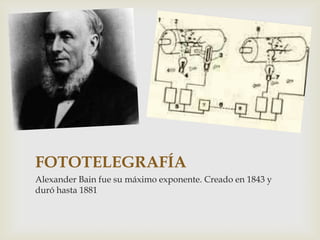 FOTOTELEGRAFÍA
Alexander Bain fue su máximo exponente. Creado en 1843 y
duró hasta 1881
 