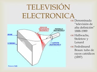 TELEVISIÓN
ELECTRONICADenominada
            
                “televisión de
                alta definición”
                1888-1989
               Hallwachs,
                Stoletow y
                Lenard
               Fedrdinand
                Braun: tubo de
                rayos catódicos
                (1897)
 