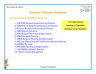 We Commit, We Deliver !



                          Teleysia Telecom Academy
                              y                  y
    Our specialized onsite/offsite courses are:
                                                                    1 to 5 days courses
          1. 2 5G
          1 2.5G GSM Network professional certification
          2. CDMA 3G-1X Network professional certification        Learning is Committed
          3. Wireless Network Professional certification        Customize as per Customer
          4. GSM Network Overview
          5. GSM Network Planning and Optimization
          6. CDMA Network Overview
          7. CDMA Network Planning and Optimization
          8.
          8 MW Link Engineering and Transmission Network Planning
          9. WCDMA Overview
          10. WCDMA Planning and Optimization
          11. WiFi/WiMax Network Overview
          12. Telecom Project Management




                                      Company Confidential
 
