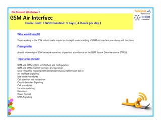 We Commit, We Deliver !

GSM Air Interface
           Course Code: TTA30 Duration: 3 days ( 4 hours per day )


    Who would benefit

    Those working in the GSM industry who require an in-depth understanding of GSM air interface procedures and functions.

    Prerequisites

    A good knowledge of GSM network operation, or previous attendance on the GSM System Overview course (TTA20).

    Topic areas include

    GSM and GPRS system architecture and configuration
    GSM and GPRS channel functions and operation
    Slow Frequency Hopping (  (SFH) and Discontinuous Transmission (DTX)
                                   )                               ( )
    Air Interface Signaling
    Idle Mode Procedures
    Cell selection and reselection
    Circuit-Switched Signaling
    Call procedures
    Location updating
    Handovers
    Power Control
    GPRS Signaling
 