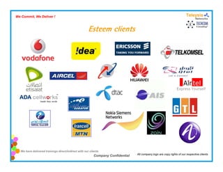 We Commit, We Deliver !



                                                      Esteem clients




  We have delivered trainings direct/indirect with our clients
                                                                                 All company logo are copy rights of our respective clients
                                                          Company Confidential
 