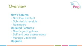 Overview
New Features
▷ New look and feel
▷ Submission receipts
▷ Reminders
Updated Features
▷ Needs grading items
▷ Self and peer assessments
▷ Manage Users tool
Upgrade
 