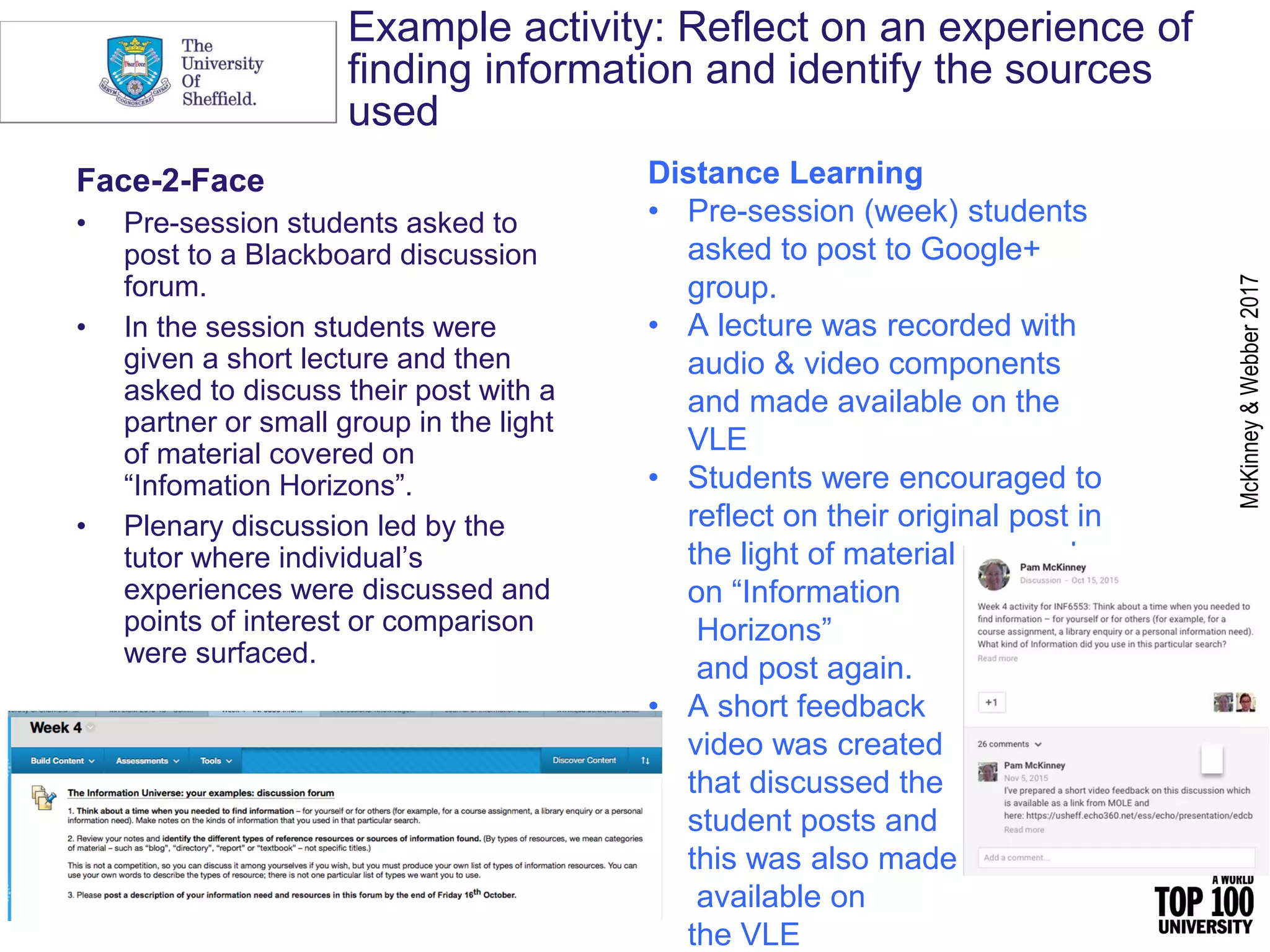 Example activity: Reflect on an experience of
finding information and identify the sources
used
Face-2-Face
• Pre-session students asked to
post to a Blackboard discussion
forum.
• In the session students were
given a short lecture and then
asked to discuss their post with a
partner or small group in the light
of material covered on
“Infomation Horizons”.
• Plenary discussion led by the
tutor where individual’s
experiences were discussed and
points of interest or comparison
were surfaced.
Distance Learning
• Pre-session (week) students
asked to post to Google+
group.
• A lecture was recorded with
audio & video components
and made available on the
VLE
• Students were encouraged to
reflect on their original post in
the light of material covered
on “Information
Horizons”
and post again.
• A short feedback
video was created
that discussed the
student posts and
this was also made
available on
the VLE
McKinney&Webber2017
 
