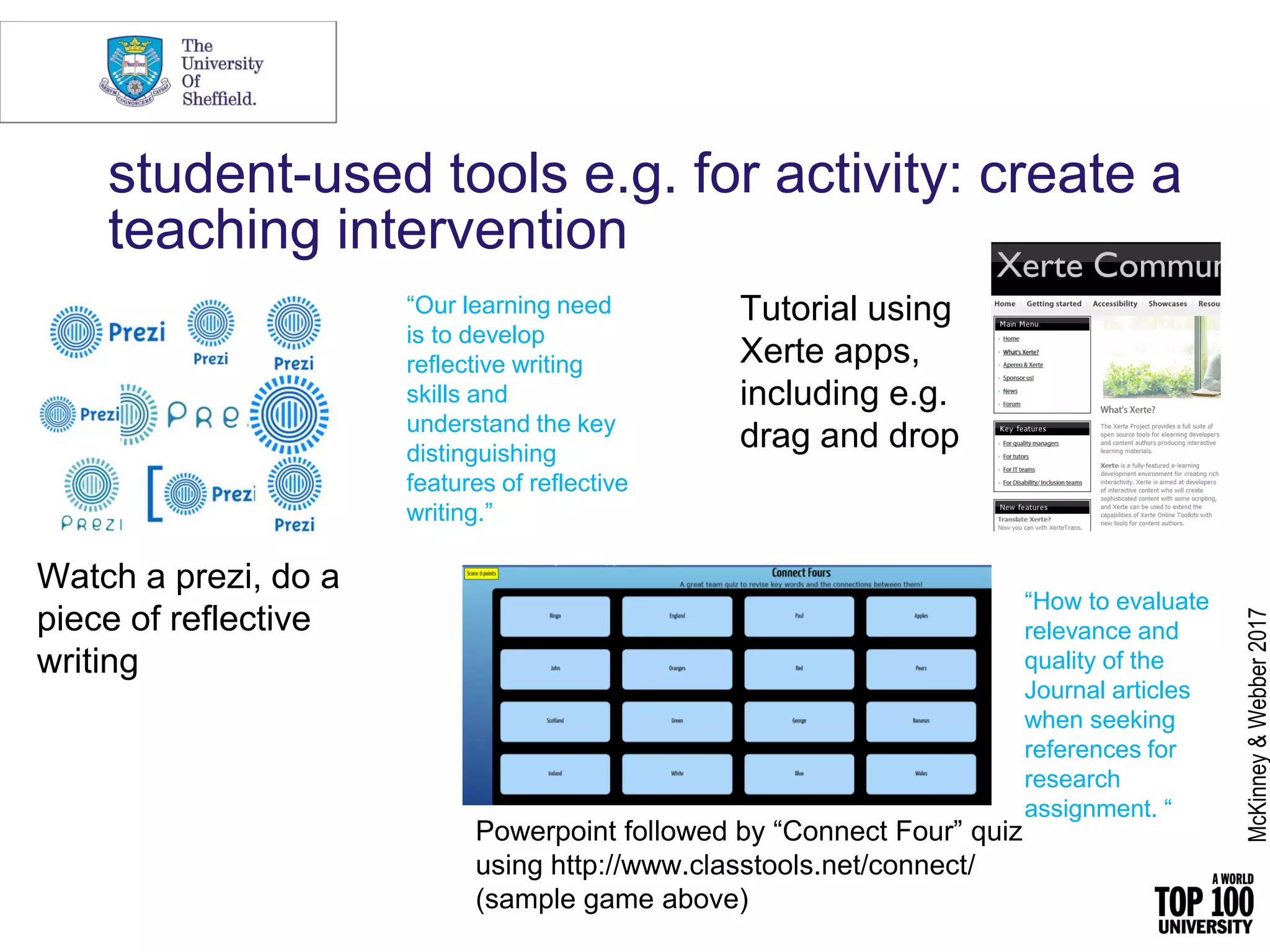 student-used tools e.g. for activity: create a
teaching intervention
Watch a prezi, do a
piece of reflective
writing
Powerpoint followed by “Connect Four” quiz
using http://www.classtools.net/connect/
(sample game above)
Tutorial using
Xerte apps,
including e.g.
drag and drop
“How to evaluate
relevance and
quality of the
Journal articles
when seeking
references for
research
assignment. “
“Our learning need
is to develop
reflective writing
skills and
understand the key
distinguishing
features of reflective
writing.”
McKinney&Webber2017
 