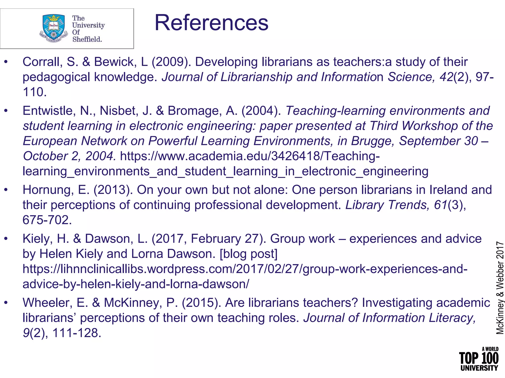References
• Corrall, S. & Bewick, L (2009). Developing librarians as teachers:a study of their
pedagogical knowledge. Journal of Librarianship and Information Science, 42(2), 97-
110.
• Entwistle, N., Nisbet, J. & Bromage, A. (2004). Teaching-learning environments and
student learning in electronic engineering: paper presented at Third Workshop of the
European Network on Powerful Learning Environments, in Brugge, September 30 –
October 2, 2004. https://www.academia.edu/3426418/Teaching-
learning_environments_and_student_learning_in_electronic_engineering
• Hornung, E. (2013). On your own but not alone: One person librarians in Ireland and
their perceptions of continuing professional development. Library Trends, 61(3),
675-702.
• Kiely, H. & Dawson, L. (2017, February 27). Group work – experiences and advice
by Helen Kiely and Lorna Dawson. [blog post]
https://lihnnclinicallibs.wordpress.com/2017/02/27/group-work-experiences-and-
advice-by-helen-kiely-and-lorna-dawson/
• Wheeler, E. & McKinney, P. (2015). Are librarians teachers? Investigating academic
librarians’ perceptions of their own teaching roles. Journal of Information Literacy,
9(2), 111-128.
McKinney&Webber2017
 