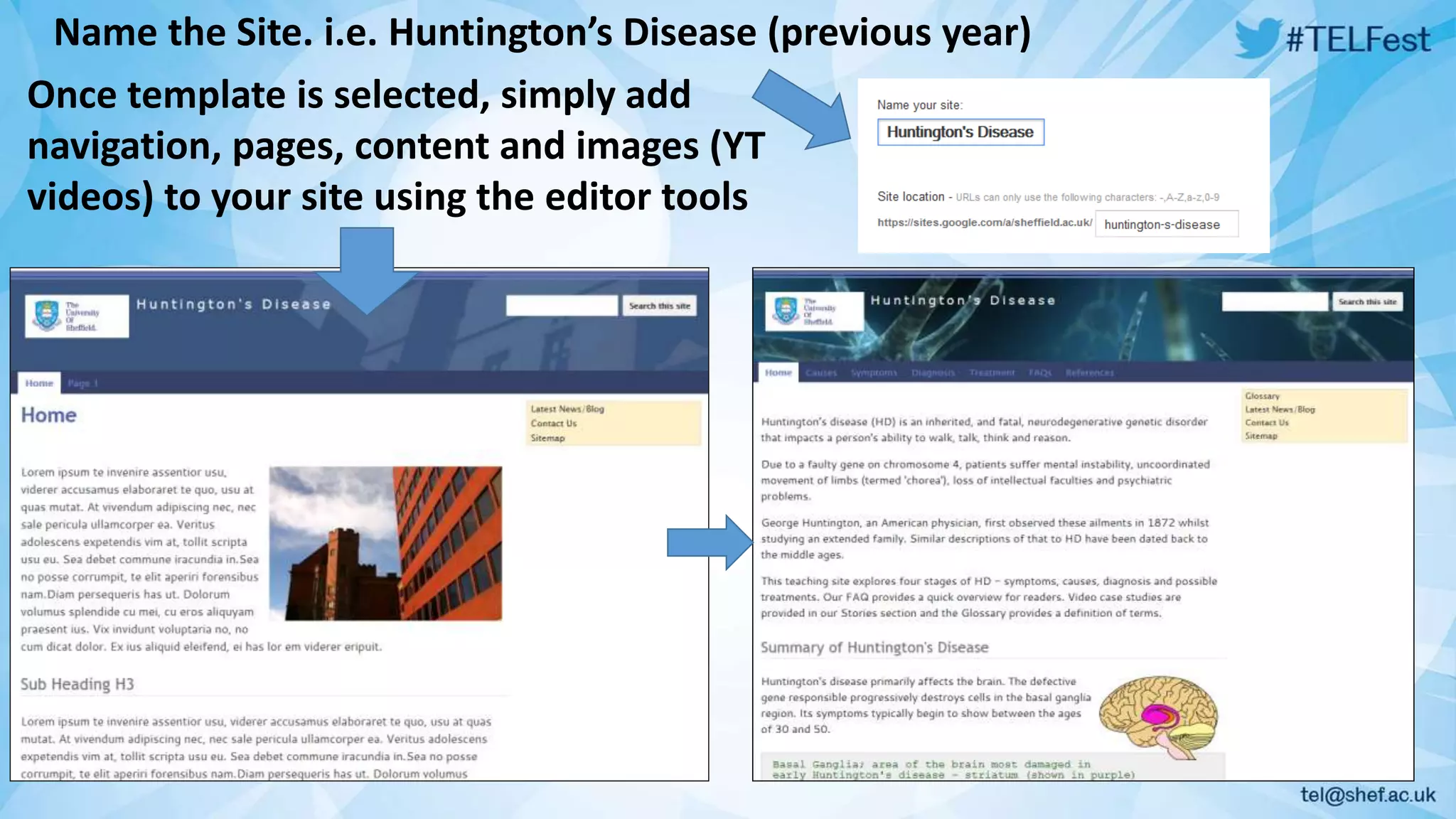 Name the Site. i.e. Huntington’s Disease (previous year) 
Once template is selected, simply add 
navigation, pages, content and images (YT 
videos) to your site using the editor tools 
 