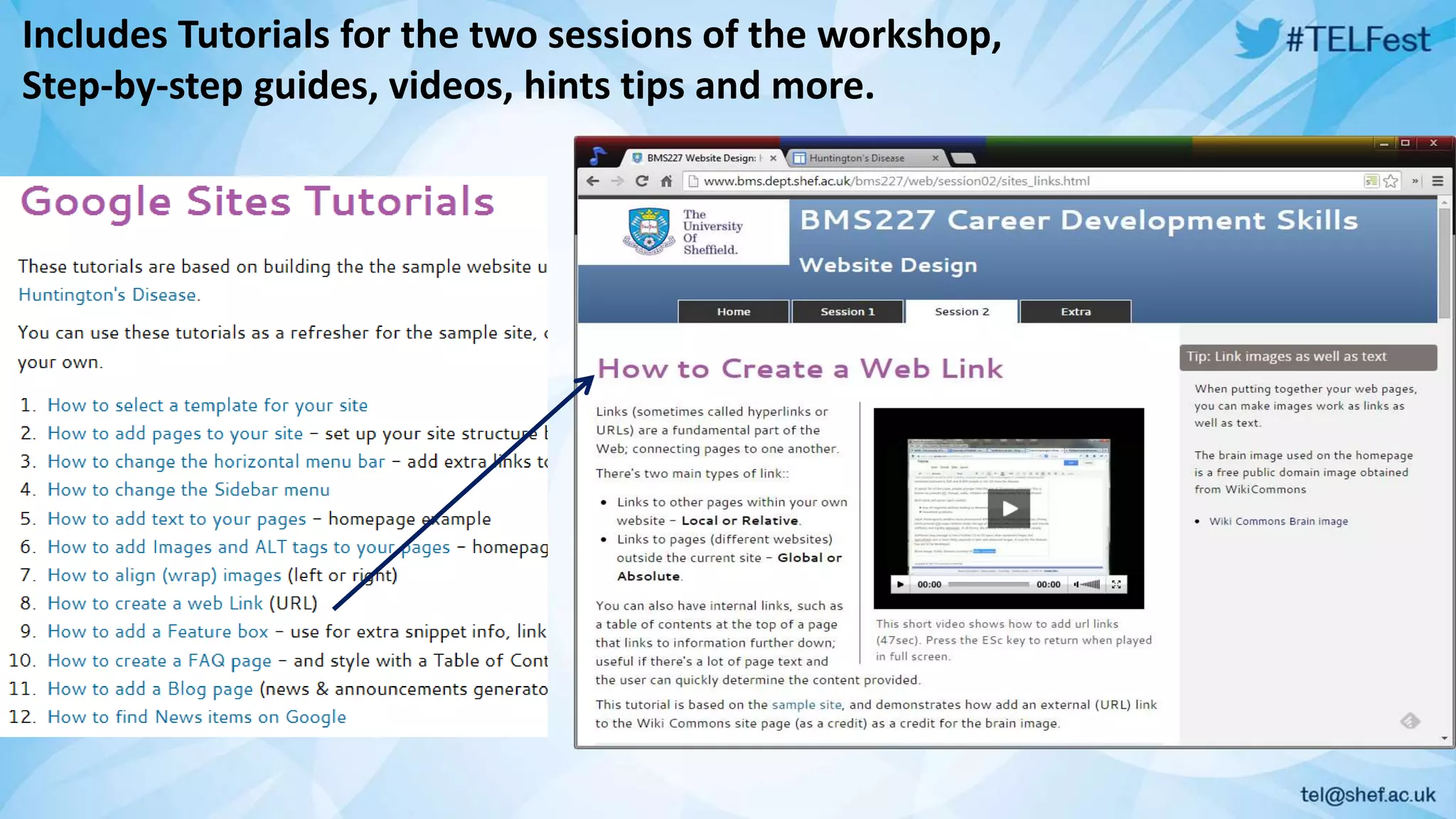 Includes Tutorials for the two sessions of the workshop, 
Step-by-step guides, videos, hints tips and more. 
 