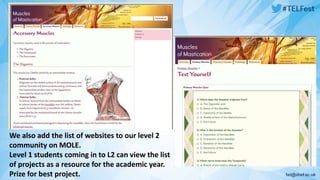 We also add the list of websites to our level 2 
community on MOLE. 
Level 1 students coming in to L2 can view the list 
of projects as a resource for the academic year. 
Prize for best project. 
 