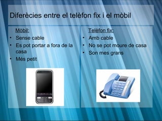 Diferècies entre el telèfon fix i el mòbil

  Mòbil:                         Telèfon fix:
• Sense cable                  • Amb cable
• Es pot portar a fora de la   • No se pot moure de casa
  casa                         • Son mes grans
• Més petit
 