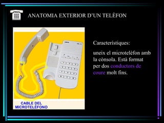 ANATOMIA EXTERIOR D’UN TELÈFON
Característiques:
uneix el microtelèfon amb
la cònsola. Està format
per dos conductors de
coure molt fins.
 