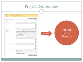 Project Deliverables




                        Project
          Feedback
          Workflo       Owner
             w
                       /Sponsor
 