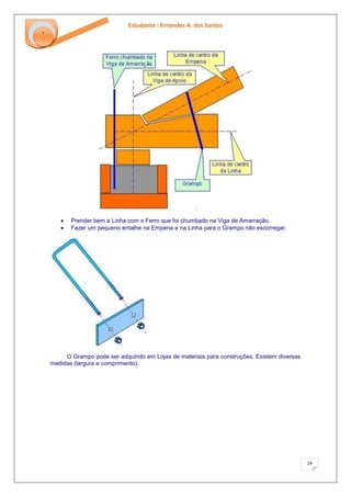 Estudante : Ernandes A. dos Santos 
14 
‘ 
Prender bem a Linha com o Ferro que foi chumbado na Viga de Amarração. Fazer um pequeno entalhe na Empena e na Linha para o Grampo não escorregar. 
O Grampo pode ser adquirido em Lojas de materiais para construções. Existem diversas medidas (largura e comprimento).  