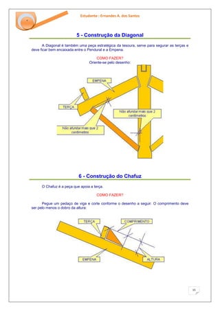 Estudante : Ernandes A. dos Santos 
15 
‘ 
5 - Construção da Diagonal 
A Diagonal é também uma peça estratégica da tesoura, serve para segurar as terças e deve ficar bem encaixada entre o Pendural e a Empena. COMO FAZER? Oriente-se pelo desenho: 6 - Construção do Chafuz 
O Chafuz é a peça que apoia a terça. COMO FAZER? Pegue um pedaço de viga e corte conforme o desenho a seguir. O comprimento deve ser pelo menos o dobro da altura:  