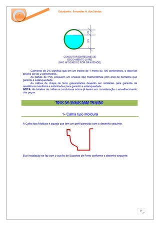 Estudante : Ernandes A. dos Santos 
27 
‘ 
Caimento de 2% significa que em um trecho de 1 metro ou 100 centímetros, o desnível deverá ser de 2 centímetros. As calhas de PVC possuem um encaixe tipo macho/fêmea com anel de borracha que garante a estanqueidade. As calhas de chapa de ferro galvanizados deverão ser rebitadas para garantia da resistência mecânica e estanhadas para garantir a estanqueidade. NOTA: As tabelas de calhas e condutores acima já levam em consideração o envelhecimento das peças. TIPOS DE CALHAS PARA TELHADO 
1- Calha tipo Moldura 
A Calha tipo Moldura é aquela que tem um perfil parecido com o desenho seguinte: Sua instalação se faz com o auxílio de Suportes de Ferro conforme o desenho seguinte:  