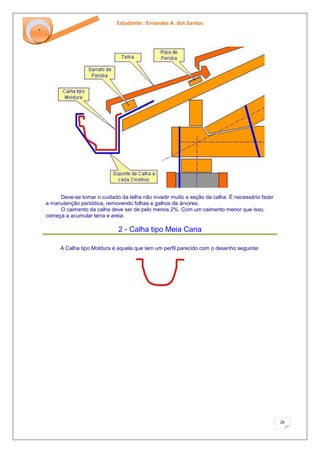 Estudante : Ernandes A. dos Santos 
28 
‘ 
Deve-se tomar o cuidado da telha não invadir muito a seção da calha. É necessário fazer a manutenção periódica, removendo folhas e galhos de árvores. O caimento da calha deve ser de pelo menos 2%. Com um caimento menor que isso, começa a acumular terra e areia. 2 - Calha tipo Meia Cana 
A Calha tipo Moldura é aquela que tem um perfil parecido com o desenho seguinte:  