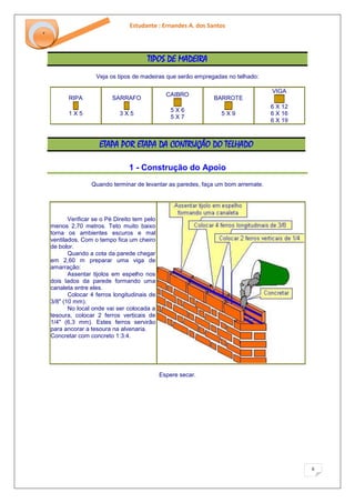 Estudante : Ernandes A. dos Santos 
6 
‘ 
TIPOS DE MADEIRA 
Veja os tipos de madeiras que serão empregadas no telhado: 
RIPA 
1 X 5 
SARRAFO 
3 X 5 
CAIBRO 
5 X 6 5 X 7 
BARROTE 
5 X 9 
VIGA 
6 X 12 6 X 16 6 X 19 
ETAPA POR ETAPA DA CONTRUÇÃO DO TELHADO 
1 - Construção do Apoio 
Quando terminar de levantar as paredes, faça um bom arremate. 
Verificar se o Pé Direito tem pelo menos 2,70 metros. Teto muito baixo torna os ambientes escuros e mal ventilados. Com o tempo fica um cheiro de bolor. Quando a cota da parede chegar em 2,60 m preparar uma viga de amarração: Assentar tijolos em espelho nos dois lados da parede formando uma canaleta entre eles. Colocar 4 ferros longitudinais de 3/8" (10 mm). No local onde vai ser colocada a tesoura, colocar 2 ferros verticais de 1/4" (6,3 mm). Estes ferros servirão para ancorar a tesoura na alvenaria. Concretar com concreto 1:3:4. 
Espere secar.  
