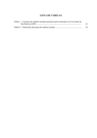 LISTA DE TABELAS
Tabela 1 – Consumo de madeira serrada amazônica pela construção civil no Estado de
São Paulo em 2001............................................................................................. 23
Tabela 2 – Dimensões das peças de madeira serrada........................................................ 24
 