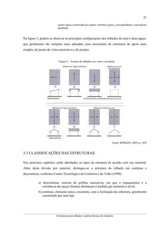 21
__________________________________________________________________________________________
Estruturas para telhados: análise técnica de soluções
quatro águas constituída por quatro vertentes iguais, correspondente a uma planta
quadrada.
Na figura 3, podem-se observar as principais configurações dos telhados de uma e duas águas,
que geralmente são soluções mais adotadas, pois necessitam de estruturas de apoio mais
simples, do ponto de vista construtivo e de projeto.
Figura 3 – Formas de telhados em vista e em planta
(fonte: BORGES, 2009, p. 169)
3.3 CLASSIFICAÇÕES DAS ESTRUTURAS
Nos próximos capítulos serão abordados os tipos de estrutura de acordo com seu material.
Além desta divisão por material, distingue-se a estrutura do telhado em contínua e
descontínua, conforme Centro Tecnológico da Cerâmica e do Vidro (1998):
a) descontínua: sistema de grelhas sucessivas, em que o espaçamento e a
resistência das peças lineares diminuem à medida que aumenta o nível;
b) contínua: elemento único, resistente, com a inclinação da cobertura, geralmente
constituído por uma laje.
 
