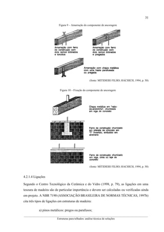 31
__________________________________________________________________________________________
Estruturas para telhados: análise técnica de soluções
Figura 9 – Amarração do componente de ancoragem
(fonte: MITIDIERI FILHO; HACHICH, 1994, p. 50)
Figura 10 – Fixação do componente de ancoragem
(fonte: MITIDIERI FILHO; HACHICH, 1994, p. 50)
4.2.1.4 Ligações
Segundo o Centro Tecnológico da Cerâmica e do Vidro (1998, p. 79), as ligações em uma
tesoura de madeira são de particular importância e devem ser calculadas ou verificadas ainda
em projeto. A NBR 7190 (ASSOCIAÇÃO BRASILEIRA DE NORMAS TÉCNICAS, 1997b)
cita três tipos de ligações em estruturas de madeira:
a) pinos metálicos: pregos ou parafusos;
 